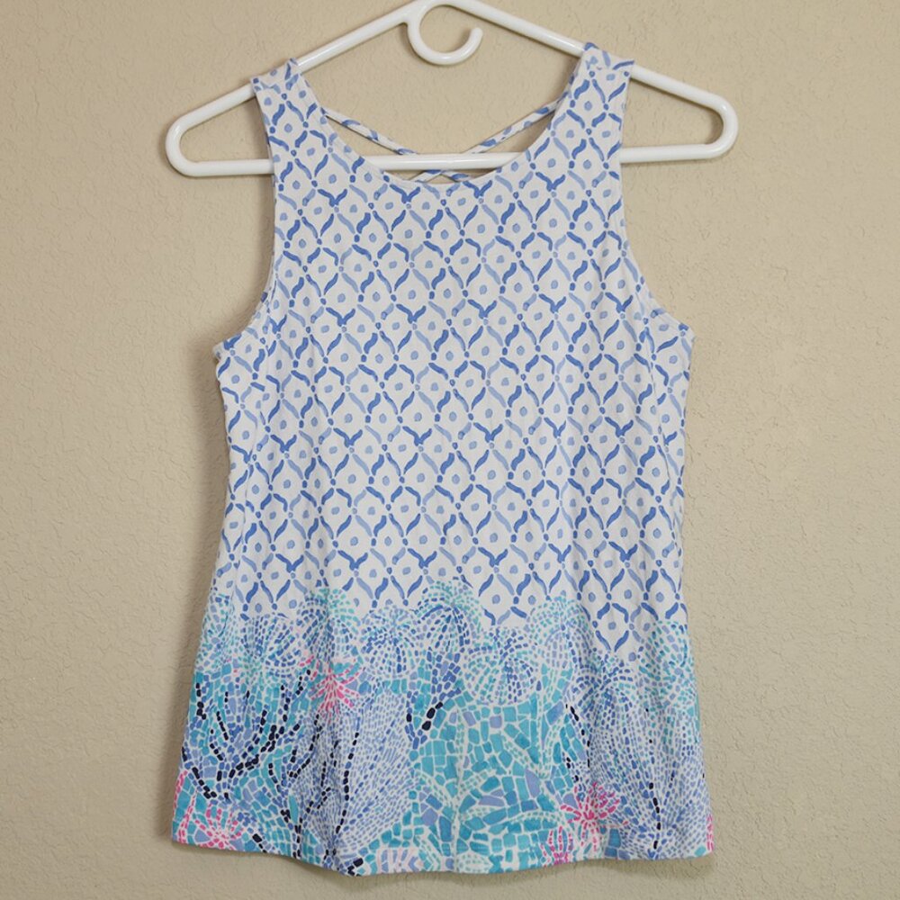 Lilly Pulitzer Tank Top Women XS Extra Small Pima Cotton Blue White Sea Print